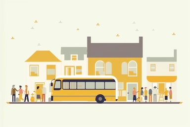 modern yellow bus in a village with happy people around. front shot, minimalist style, infographic illustration style character, Kurzgesagt animation style, thick lines, infographic animation style. Very minimal detail. 2D drawing, clip art, trending on video hive, After Effects, colorful, flat shade. solid untextured white background