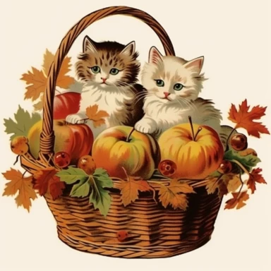 illustration of autumn themed basket of kittens, vintage clip art