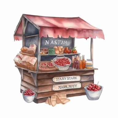 hand drawn ROADSIDE STAND WITH whole COUNTRY HAM AND STRAWBERRY JAM, very detailed and realistic , watercolor, white background with margins, clipart style