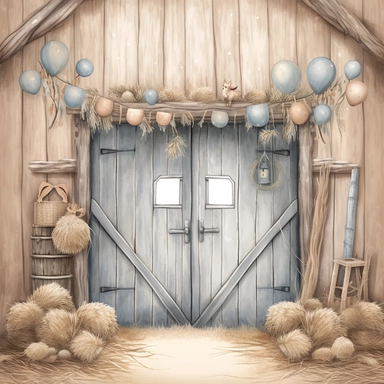 A watercolor painting inside a cute old open barn with hay and straw the doors are open in Bethlehem, Christmas, cute detailed digital art, inspired by nicoletta ceccoli, by Kubisi art, whimsical and cute, by nicoletta ceccoli, cute detailed artwork, glimmering, adorable and whimsical, whimsical art, Clipart style, png style, svg style, blank white background, a solid white background