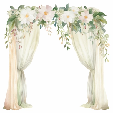 Watercolor Wedding Arch Clipart, decorative peony vines, ivy, covered in april flowers blooming garland, cream and natural colors, sheer drapes, silk, spring, floral, flowers, white background, no text, no fonts