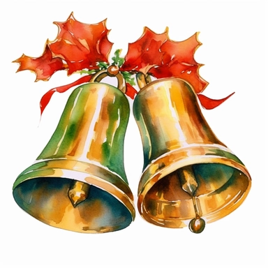 watercolor clipart of Christmas bells, vintage red green gold colors, isolated on white background
