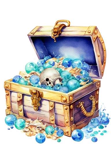 cute watercolor underwater treasure chest full of pearls clipart, full body, hd, on white background, spaced out