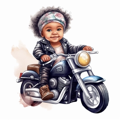 clipart of cute and cool baby girl on a harley davidson multicolor white background