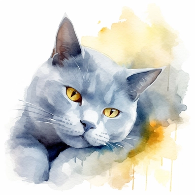 Clipart, watercolor, white background: A Chartreux cat in a relaxed pose, representing its calm and laid-back temperament.