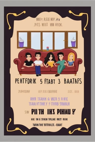 friends sitcom tv series birthday party invite, friends tv series birthday invitation, friends series sofa clipart, minimalistic, friends series door frame, highly detailed