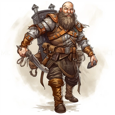 Clipart of a daring dwarven adventurer with a braided beard and a confident smile, wearing a sturdy leather armor adorned with various trophies from their exploits, carrying a well-worn backpack and a gleaming shortsword. High detail, realistic style drawing. Full body.