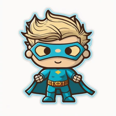 mini superhero, clipart, sticker, blonde hair, ray chest, blue costume, clip art style, simple, for kids