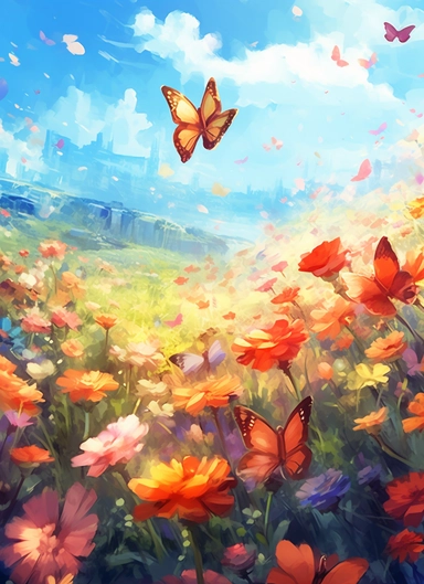 butterflies on a flower field, in the style of 2d game art, nostalgic paintings, 32k uhd, colorful dreamy watercolor scenes, adventure pulp, classical, historical genre scenes, rough-edged 2d animation, watercolor clipart