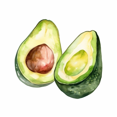 Illustrate a bright watercolor clipart illustration of two avocado halves, with the pit removed , watercolor, vector, contour, white background.