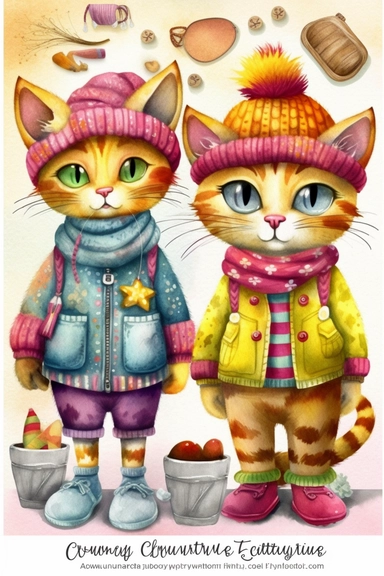 watercolor Clipart, couple Cats in knitted clothes, Cartoon–cute or childlike, Whimsical illustrations, charming, childlike, carefree, dreamy, fun and colorful, cute, watercolor, hand-drawn, digital painting, soft lighting, bird's-eye view, seed1