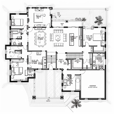 floor plans for a large house with 5 bedrooms a kitchen, 3 bathrooms, black lines, detailed, flat design, white background, clipart style, black and white,