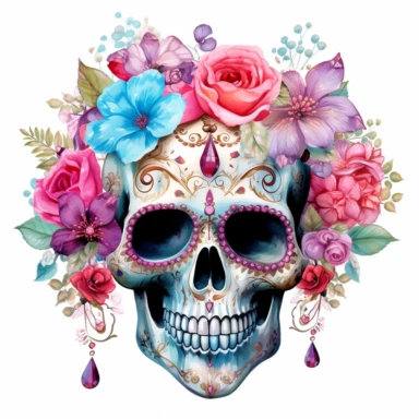 cute happy jewel encrusted skull with flowers in the style of Betsy Johnson on white background. Clipart