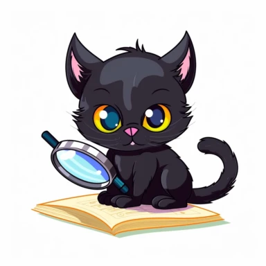 a black cat looking through a magnifying glass at a notebook, clipart, only white background, 2d, flat