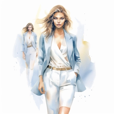 A delicate watercolor painting of chic powder blue, white, and gold three combo business girl, arranged in an elegant composition, featuring soft and blended watercolor washes to create a harmonious and feminine aesthetic, clipart, png