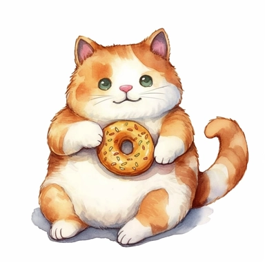 A super cute fat cat eat donut, perfect for nursery art and children’s book illustration style, watercolor illustration, cute, simple, clipart, single object, white background for removing background