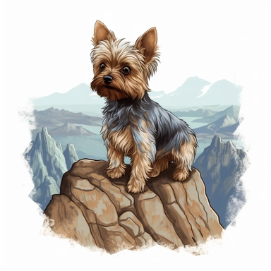 Capture the quiet majesty of a cute yorkie dog as they stand atop a mountain peak, surveying the vast expanse of land below with a sense of awe and wonder, high detail, intricate details, photorealistic, hyper realistic, vector, 8k, svg, watercolor, contour, clipart, extreme render, isolated, white border, white background ar 4:5 v5