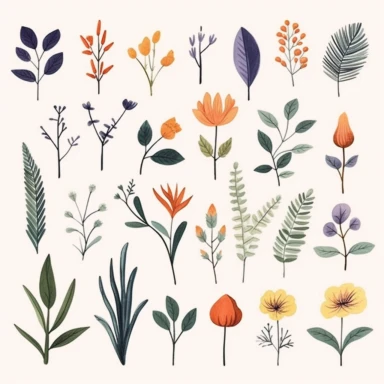 Design a collection of minimalistic clipart, watercolor, separate hand-drawn line art illustrations, each representing a distinct botanical flower or leaf. Inspired by the elegance of logo design, focus on capturing the essence of each plant element through simple, yet memorable shapes and lines. Create visually striking images that stand out on their own, while still maintaining a cohesive theme, showcasing the delicate beauty of nature's hidden gems in a contemporary and stylish way. These des