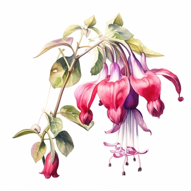 a watercolour painting of a fuchsia flower, in the style of uhd image, dansaekhwa, traditional, flourishing botanicals, exotic, white background, colorful, antique clipart, vibrant intense colors, photorealistic botanical satin drawing in the style of Pierre-Joseph Redoute, white background
