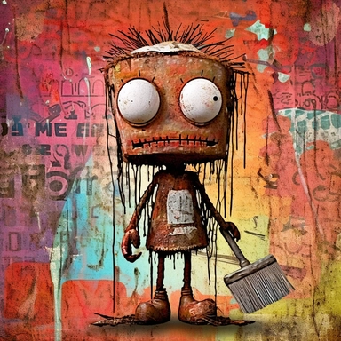 garbage pale kids format, pop surrealism digital art image of broken down, old, rusting, cartoonish, humanoid, child robot holding a mop wearing tattered, dirty, bloody butcher's coat and smock, made of tattered clothing for humans. The robot is in an art style inspired by artists like Tara McPhereson, Nooligan, and Robin Eisenberg. To be used for digital clipart. Use dull, 1970's style, yellow, green, brown color scheme for the robot