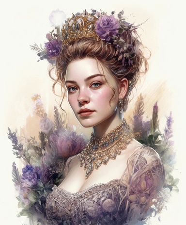 watercolor portrait of a beautiful charming feminine Lavenderpunk princess in royal crown made of wild flowers and leaves and lavender and jewelry, lace and chiffon, provence, meadow, masterpiece by Tom Bagshaw style and by Charles Dana Gibson style, golden accents, rococo fashion, many small and colorful particles, PNG clipart, isolated on white, extreme photorealistic details, 32k HD resolution, realistic high detailization high resolution