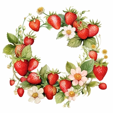 Watercolor clipart, beautiful wreaths with delicious strawberries, strawberries with leaves and flowers, summer, fresh, watercolor paints, isolated objects on white background, digitally rich, beautiful combination, high quality, 8K-Q2-S750
