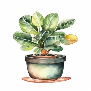 single houseplant in pot, watercolor clipart, beautiful houseplant , landscape art, scrapbook, black contour around the leaves,