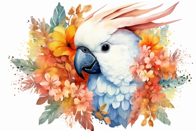 realistic watercolor vibrant cockatoo with flowers and leaves clipart,portrait style,hd,isolated on white background, spaced out