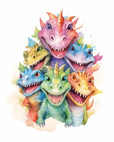 watercolored baby dragon laughing with 5 heads clipart multicolored