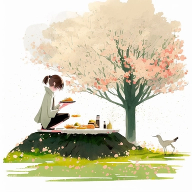 in the style of Ryo Takemasa, xuan loc xuan, Lisa Audit, Anastasia Suvorova, Jon Klassen, greg tocchini, separated isolated single of picnic time under the sakura tree, abundant food, green grass, petals rain, wind blowing, flowers, tranquil and serene, white background, fantasy, magical, cute, white background, cozy, vector, clipart, elaborate, ultra-detailed, best quality, well composed, vibrant colors, high definition, UHD