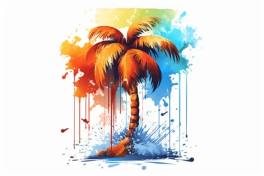artwork of t shirt graphic of majestic palm tree in painting style of Leonid afremov, island, sea waves, water splashes, white background, colorful shades, highly detailed clean, vector image, photorealistic masterpiece, professional photography, realistic, flat white background, isometric, vibrant vector, clipart, illustration, realism, 4k, surrealism, cinematic, front view, white background