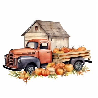 Farmhouse Fall Decor Watercolor Clipart. Cozy Autumn Illustrations. Harvest Truck with Pumpkin. Fall Leaves, Rustic Wooden Home Decor. Clip art