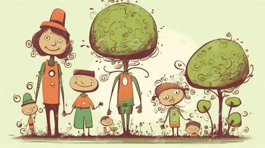 cute eco family standing next to each other sorted by height, with a ecological, eco, imaginative, cute, fun, colorful, in the style of Clipart