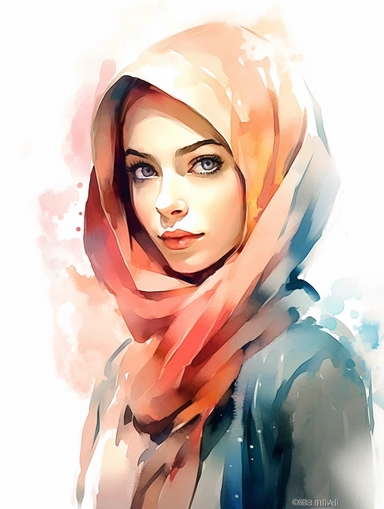 modern woman with hijab, watercolor, white background, clipart