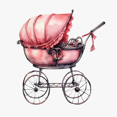 watercolor antique baby carriage pram with pink body, clipart