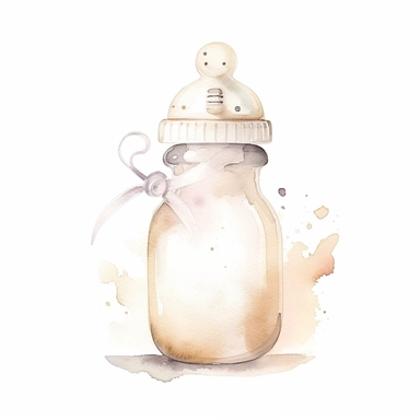 cute watercolor newborn soft beige baby bottle, watercolor effect, isolated white background, babyshower clipart, soft beige tones