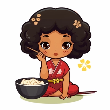 vector clipart stickers of an african american black kawaii girl dressed in traditional japanese kimono sitting on the ground eating a bowl of noodles with chopsticks with proportional well defined hands, bent knees and bright beautiful brown eyes looking into the camera with defined anime eyes disney kawaii, defined arms and hands, afro kawaii clipart, black asian girl clipart, brown skin asian clipart chibi stickers, character page dark brown skin kawaii girl