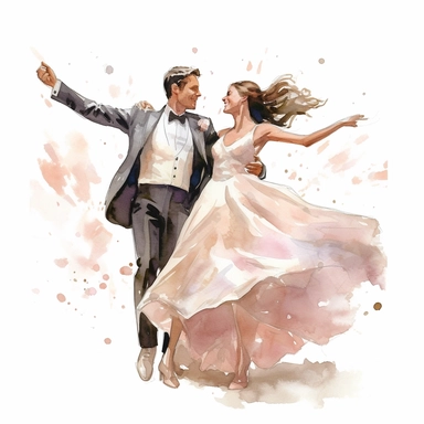 watercolor, hyper realistic, white background, white margins, 16k, ultra detailed clipart, cut out image, hand-drawn, whimsical a groom and bride doing a whimsical and choreographed dance routine, adding a touch of creativity and entertainment to their celebration. ultra HD, sharp and clean art