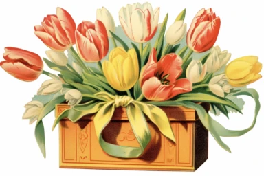 Vintage 1920 detailed open victorian gift box of Tulips Illustration , Chromolithograph, Die Cut, 1920s Illustration, Vintage, Chromolithograph, Colorful, Antique, Ephemera, Clipart, 8k, Isolated on white