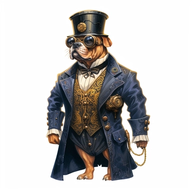 professional gouache hand-painted full body illustration of a steampunk dog-man, Victorian clipart, isolated against white background, accurate, natural form, simple playful style, deep colour, softly lit by golden hour sunlight