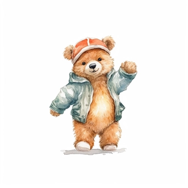 Cute baby bear clipart, happy expression, standing in dynamic pose, full body, 2000s color scheme, wear sporty baseball cap, zip-up hoodie, front view, in the style of watercolor cartoon clipart, kate greenaway style, high resolution, composition free space,watercolour clipart, watercolor illlustration for kids and children, isolated white background, clipart most popular on etsy, book illustration, featured on dribble, print on demand image, PNG tranparent background, composition medium shot, n