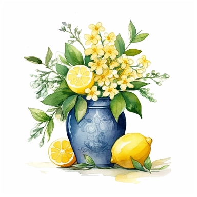 Commercial shot of realistic watercolor painting of a really cute cottagecore lemon themed flower vase clipart, aesthetic, good looking food, delicious, yummy, foodie, healthy, white background no text, isolated on white, watercolor illustration, award winning, strong and sharp lines