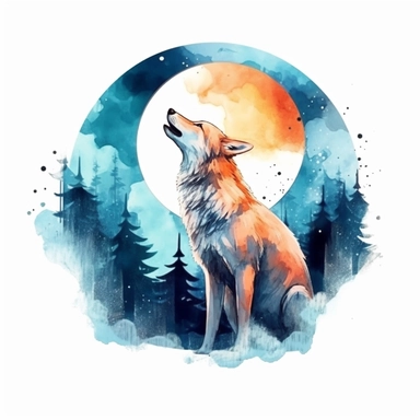 watercolor illustration of a beautiful and cute Wolf howling at the moon in nature Double exposure clipart, in the style of realistic watercolor paintings, realistic, detailed, bright colours, white background, clipart, detailed