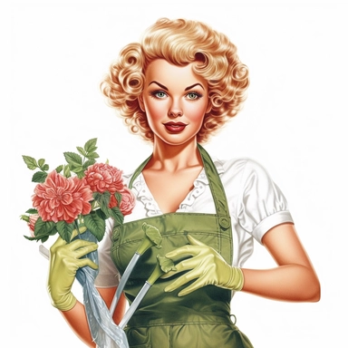 beautiful pretty pin up woman, makeup and hair 50's style, diferent cleaning poses,gardener dressed, plants in her hands, and a lace on her hair, all in 50's style, paint art style, detail, clipart, white background, superrealistic, one of a kind