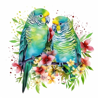 watercolor clipart, two green Budgerigar Parrots in love with tropical gardens, sweet hearts around, watercolor sublimation design, Sublimation Clipart, hyper realistic, intricate detail, illustration style, isolated on white background for removing background, Super-Resolution, Megapixel