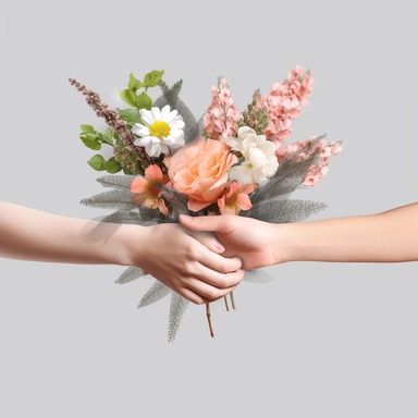 two people holding hands with a gift bouquet floral wreath,Single object,hyper realistic, sharp details, simple, should reflect real world object,rich on detail, perfectly centered, real world photo, shape and form must be realistic to the real world object, realistic, png image,png clip art, on solid white background,stock photo, shutterstock, istock, High resolution