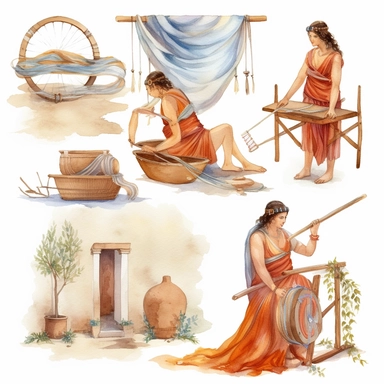 Watercolor well roman people weaving cloth , illustrations clipart set, simple, , cartoon elements, different variants , , marble elements, separate elements with a margin