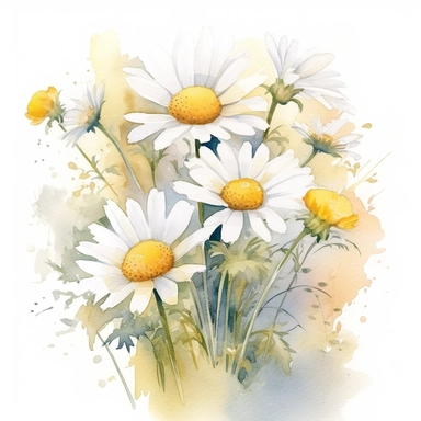 A watercolor representation of daisy flower clipart, capturing the delicate and ethereal beauty of these cheerful flowers. The daisies are painted with translucent washes of white, depicting their soft petals and sunny yellow centers. The watercolor technique creates a dreamy and whimsical atmosphere, evoking a sense of lightness and joy. Against a pristine white background, the daisy clipart stands out gracefully. Soft, natural lighting adds a touch of luminosity, illuminating the watercolor wa