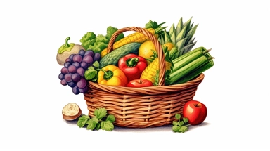 photorealistic clipart, watercolor illustration of a basket containing different fruits and vegetables, detailed, bold colors, thick outlines, isolated objects, white background, in the style of colorful cartoon, 8k