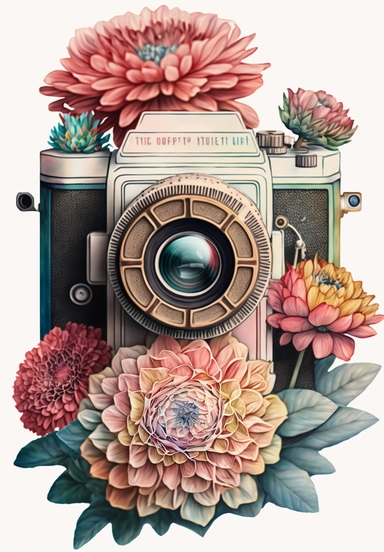 a watercolor vintage camera, profil view, surrounded by an intricate arrangement of dramatic extravagant ultra realistic digital multicolor 3D happy giant dahlias, in the style of large-scale photography, lush detailing, watercolor style, pastel colors, sacred geometry, origamy, kaleidoscope, photorealistic, playfully intricate, made of flowers, bloomcore, 8K, clipart, clear background